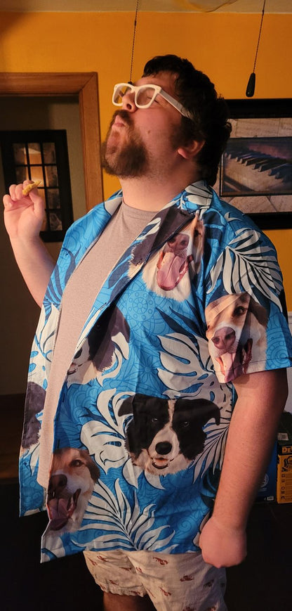 Chemise hawaïenne personnalisée avec photo pour animaux de compagnie | Cadeau personnalisé pour les amoureux des animaux de compagnie | Chemise Aloha de couleur bleu mer à motif de feuilles